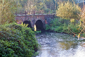 A brick bridge with three arches spans over a gently flowing river in the southeast, surrounded by dense foliage and trees.